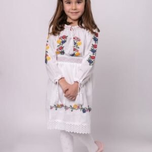Compleu traditional alb pentru fetite cu motiv floral tricolor Alessia