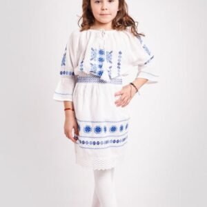 Compleu traditional alb pentru fetite cu motiv geometric albastru Ada