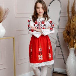 Compleu traditional bicolor pentru fetite cu motiv floral rosu Emilia