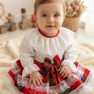 Costum Traditional Fetite 0-12 luni Model Alb si Rosu