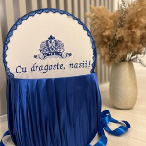 Cufar brodat botez   Cu dragoste, nasii   - albastru