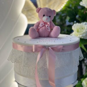 Cutie eleganta de botez cu ursulet roz si dantela fina