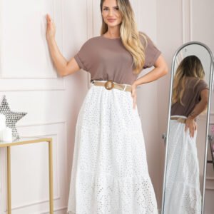 Fusta alba boho chic cu perforatii si curea in talie