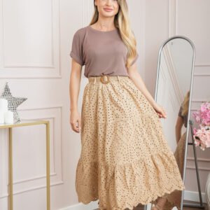 Fusta bej boho chic cu perforatii si curea in talie