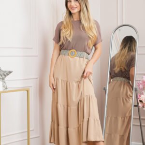 Fusta bej boho chic cu volane si curea in talie