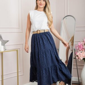 Fusta bleumarin boho chic cu perforatii si curea in talie