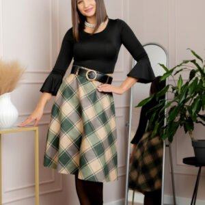 Fusta clos Stephanie in carouri cu centura in talie - Forest Emerald