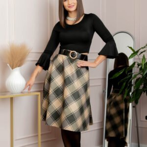 Fusta clos Stephanie in carouri cu centura in talie - Olive Serenity