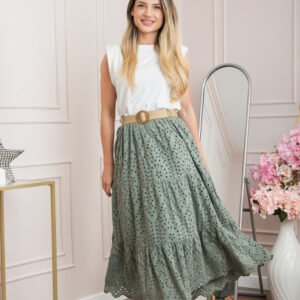 Fusta kaki boho chic cu perforatii si curea in talie