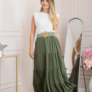 Fusta kaki boho chic cu volane si curea in talie