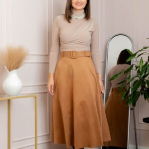 Fusta lunga clos Kristen din piele intoarsa ecologica cu centura in talie - Camel