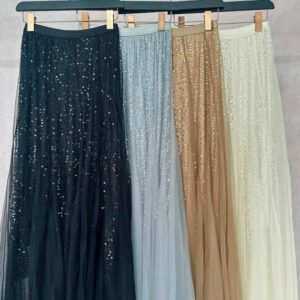Fusta lunga din tul cu paiete si eleganta cu talie elastica
