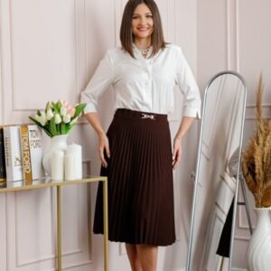 Fusta maro dama Brandy plisata midi cu talie elastica