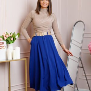 Fusta midi albastra eleganta cu talie inalta si curea reglabila Ivy