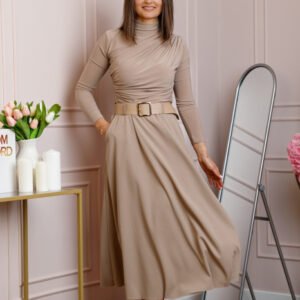 Fusta midi bej eleganta cu talie inalta si curea reglabila Ivy