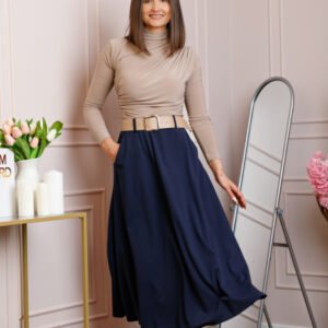 Fusta midi bleumarin eleganta cu talie inalta si curea reglabila Ivy