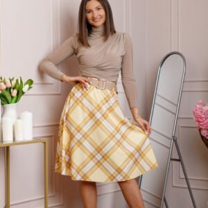 Fusta midi in carouri galben pastel cu talie elastica si curea reglabila Monroe