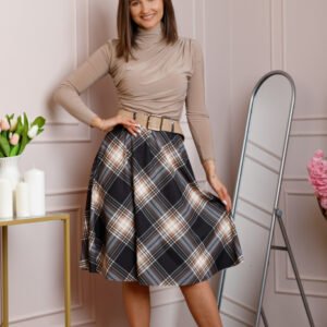 Fusta midi in carouri negru cu talie elastica si curea reglabila Monroe