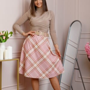 Fusta midi in carouri roz cu talie elastica si curea reglabila Monroe