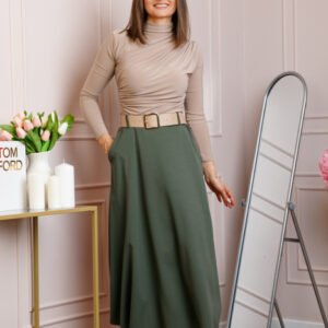 Fusta midi kaki eleganta cu talie inalta si curea reglabila Ivy