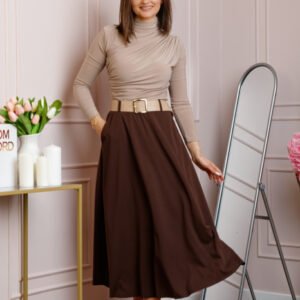 Fusta midi maro eleganta cu talie inalta si curea reglabila Ivy