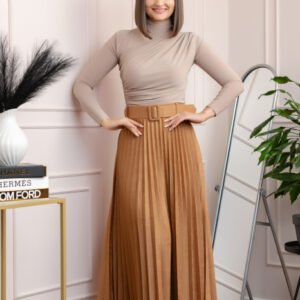 Fusta midi plisata Delilah din piele intoarsa ecologica cu centura in talie - Camel