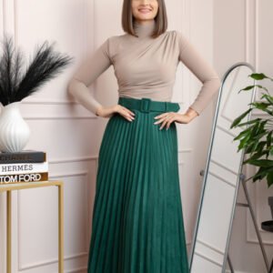 Fusta midi plisata Delilah din piele intoarsa ecologica cu centura in talie - Verde