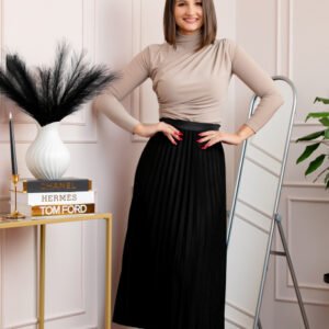 Fusta midi plisata Shannon din piele intoarsa ecologica - Negru
