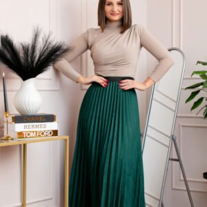 Fusta midi plisata Shannon din piele intoarsa ecologica - Verde