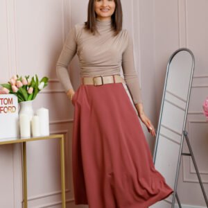 Fusta midi roz somon eleganta cu talie inalta si curea reglabila Ivy