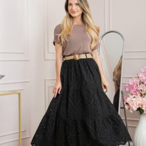 Fusta neagra boho chic cu perforatii si curea in talie