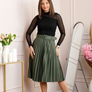 Fusta office plisata Ruby cu centura in talie - Verde olive