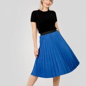 Fusta plisata albastru regal din piele intoarsa sintetica cu elastic in talie