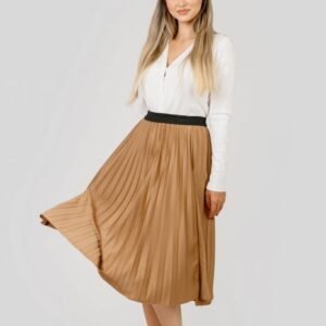 Fusta plisata camel din piele intoarsa sintetica cu elastic in talie