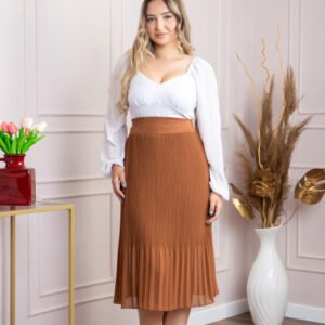 Fusta plisata camel din voal cu elastic in talie