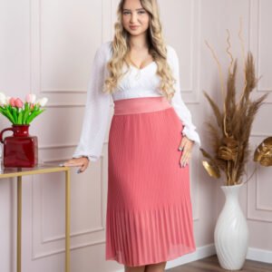 Fusta plisata corai din voal cu elastic in talie