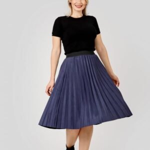 Fusta plisata indigo din piele intoarsa sintetica cu elastic in talie