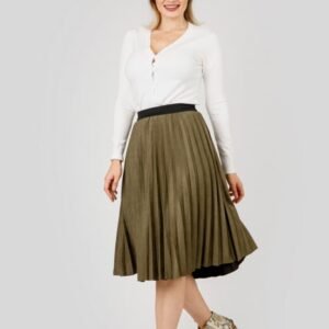 Fusta plisata kaki din piele intoarsa sintetica cu elastic in talie