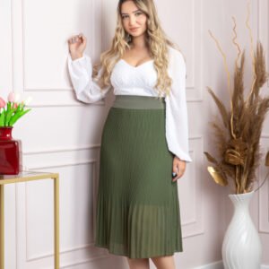 Fusta plisata kaki din voal cu elastic in talie