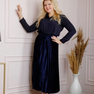 Fusta plisata plus size din catifea bleumarin Valentina