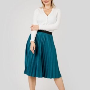 Fusta plisata turcoaz din piele intoarsa sintetica cu elastic in talie