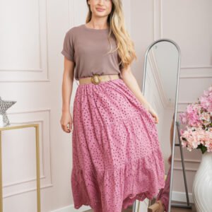 Fusta roz boho chic cu perforatii si curea in talie