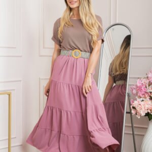 Fusta roz boho chic cu volane si curea in talie