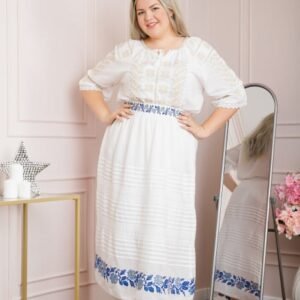 Fusta traditionala alba cu broderie florala albastra Clara 01