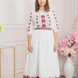Fusta traditionala alba cu broderie florala rosie Clara 02