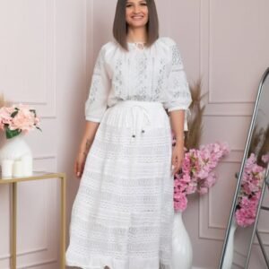 Fusta traditionala alba cu broderie geometrica Iuliana