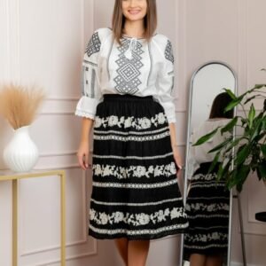 Fusta traditionala neagra cu broderie florala alba Ema