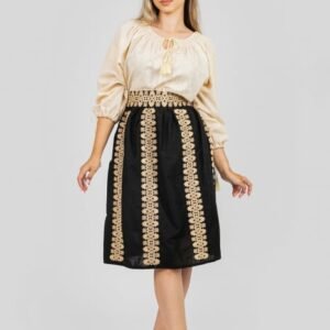 Fusta traditionala neagra cu broderie florala crem Cecilia 01