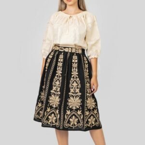 Fusta traditionala neagra cu broderie florala crem Mirabela 01