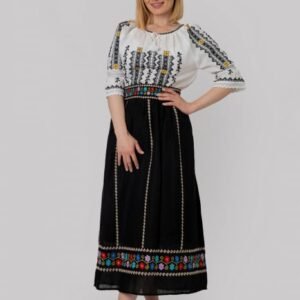 Fusta traditionala neagra cu broderie florala multicolora Catrinel